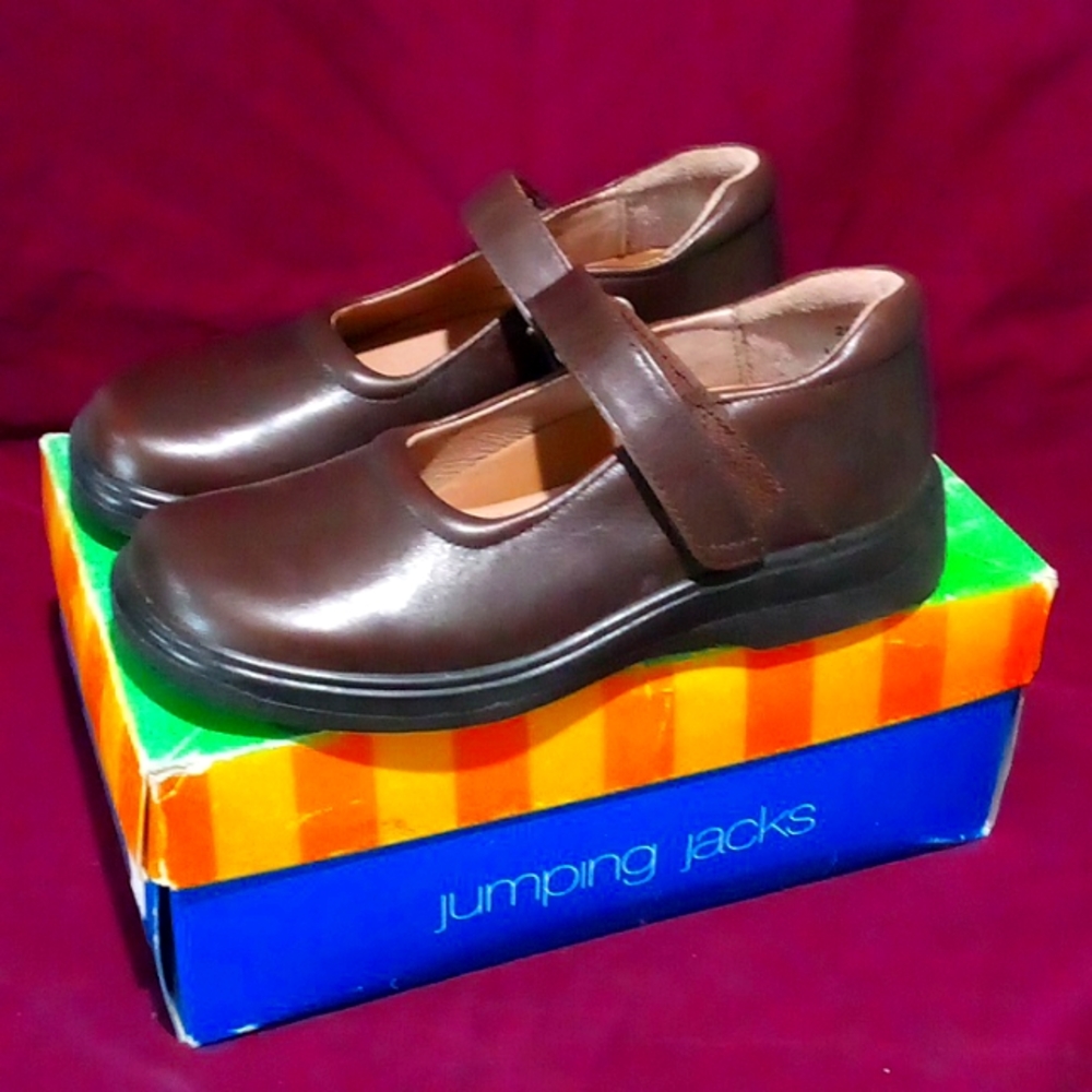 Big Girl's Jumping Jacks Brown Leather Mary Jane School Dress Shoes, Rare Sizes